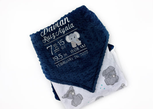 Personalized Minky Baby Blanket in Navy Blue and White with Elephants Embroidered Birth Stats