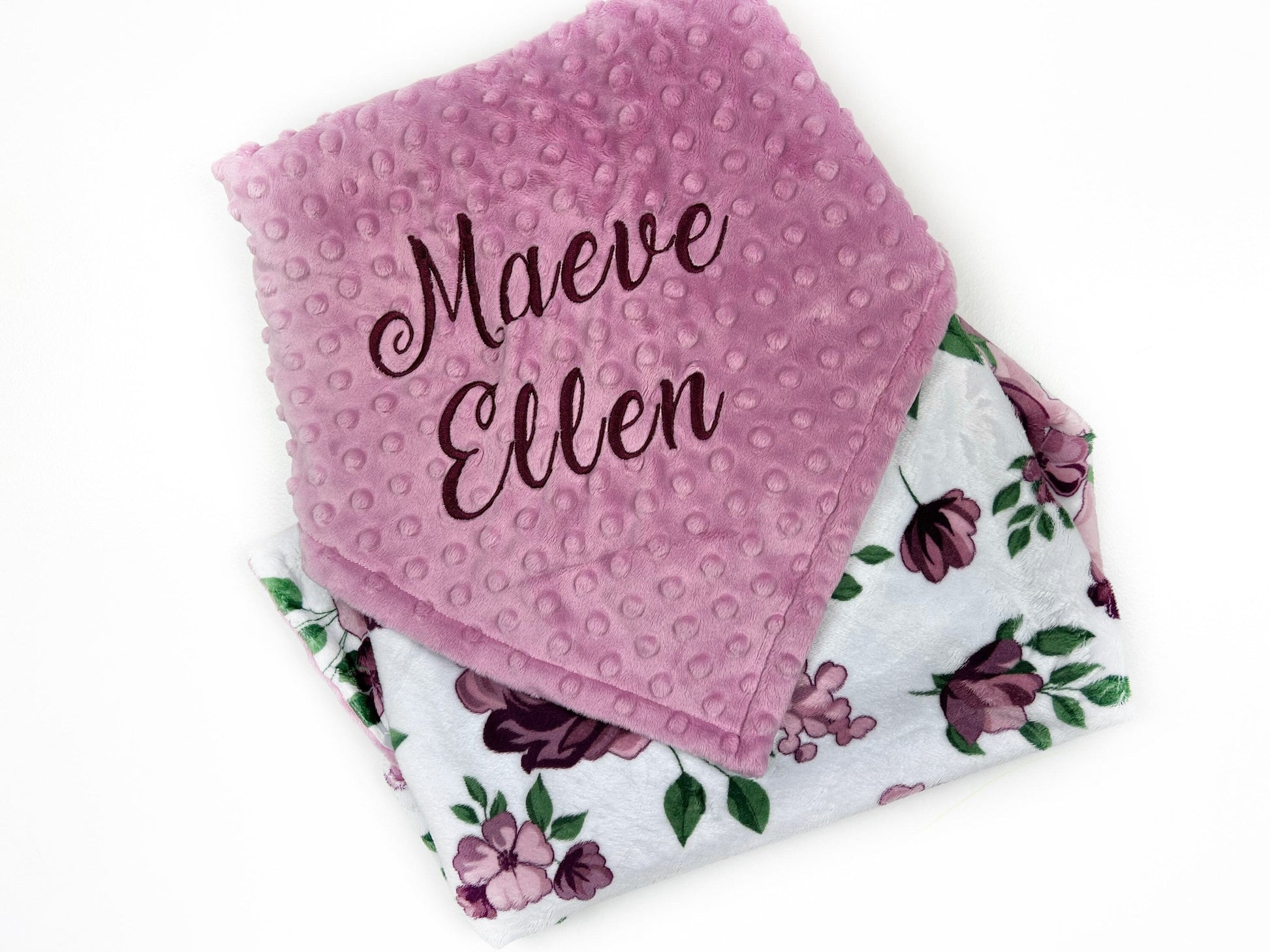 Personalized Baby Blanket, Embroidered Name, Dusty Pink Minky, Plum Flowers, Baby Keepsake Gift, Baby Shower Gift for Girls