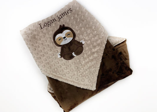 Sloth Baby Blanket, Brown and Tan Minky Blanket, Plush Dimple Dot Minky, Personalized Gift for Boy, Sloth Applique, Baby Shower Gift