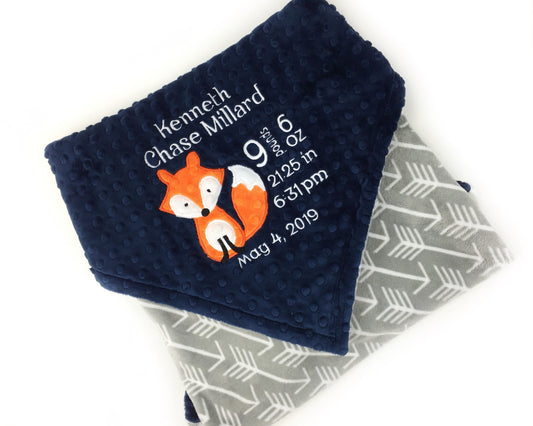 Minky Birth Stats Blanket, Grey Arrows and Navy Minky, Personalized Fox Blanket, Monogrammed Blanket, Personalized Gift for Boys