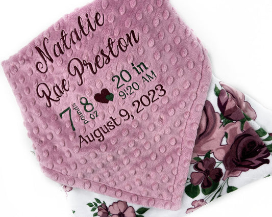 Baby Minky Blanket in Dusty Pink and Plum Purple Flowers and Personalized with Birth Stats or Name for Keepsake Gift