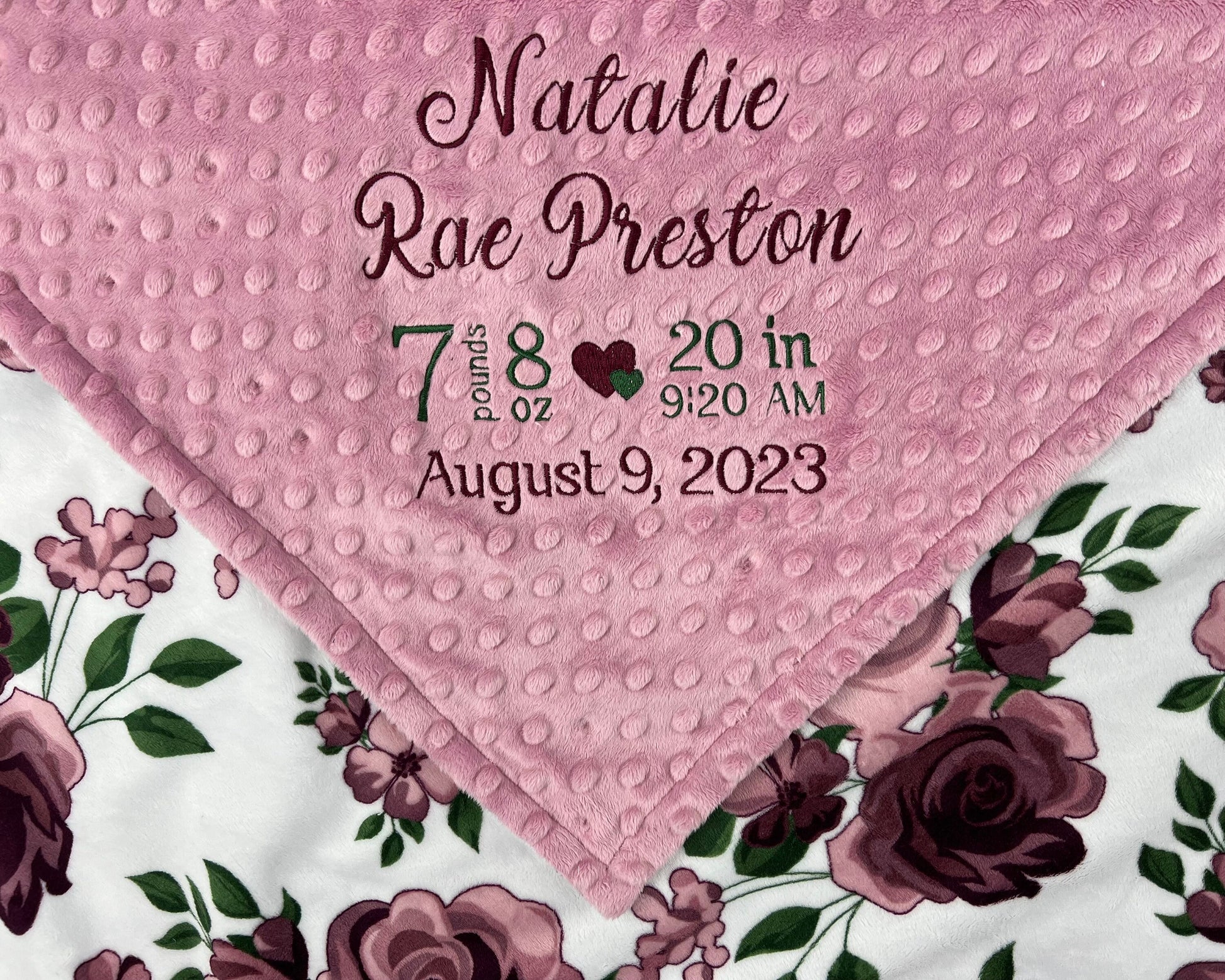 Baby Minky Blanket in Dusty Pink and Plum Purple Flowers and Personalized with Birth Stats or Name for Keepsake Gift