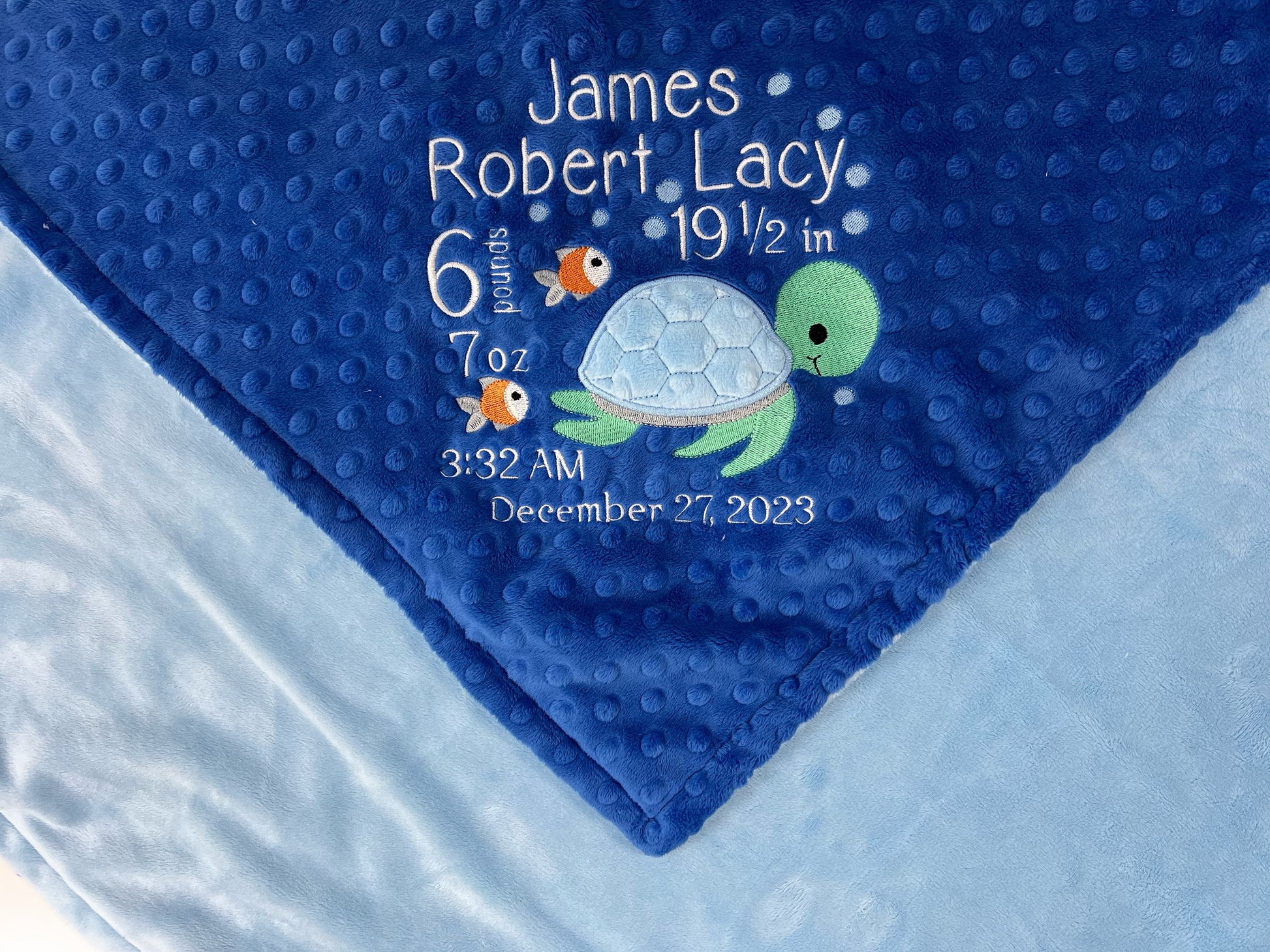 Personalized Baby Blanket, Blue Minky Blanket, Embroidered Birth Stats, Turtle Design, Personalized Gift for Infant, Gift for Baby Boy