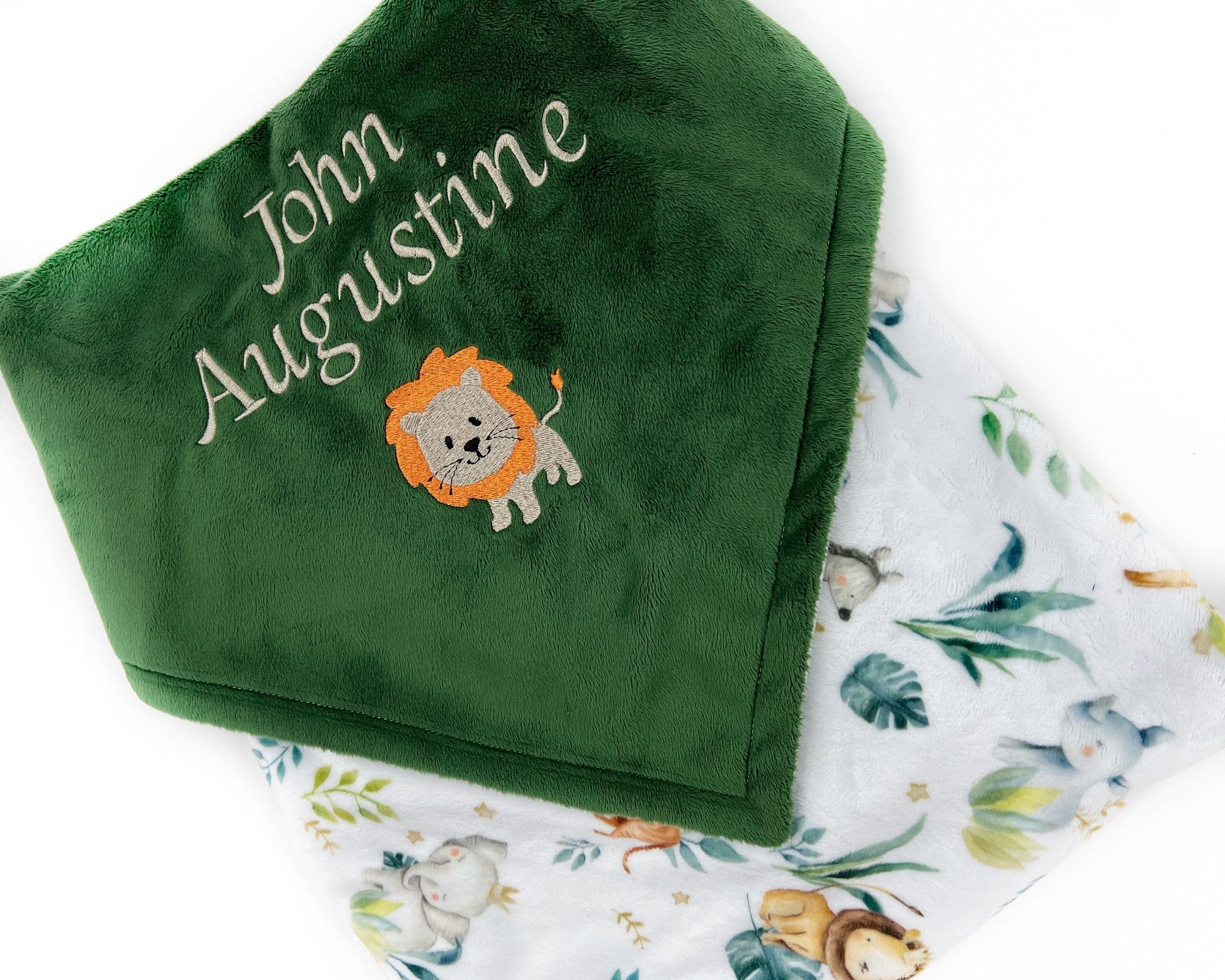 Personalize Baby Blanket, Evergreen Minky, Baby Safari Animals, Name and Lion, Welcome Gift for Baby, 1st Birthday Gift, Gender Neutral Gift