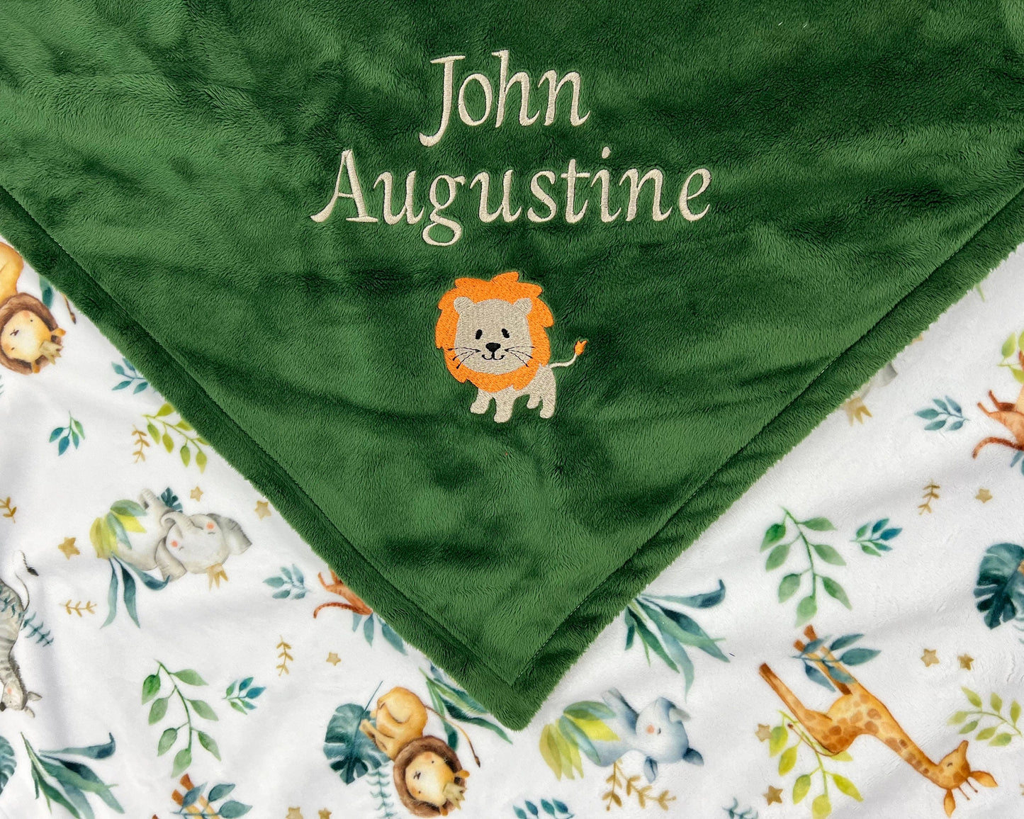 Personalize Baby Blanket, Evergreen Minky, Baby Safari Animals, Name and Lion, Welcome Gift for Baby, 1st Birthday Gift, Gender Neutral Gift