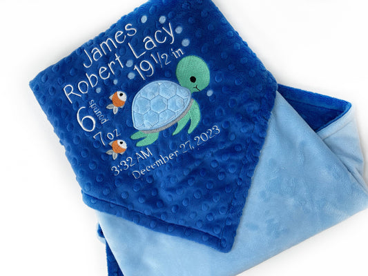 Personalized Baby Blanket, Blue Minky Blanket, Embroidered Birth Stats, Turtle Design, Personalized Gift for Infant, Gift for Baby Boy