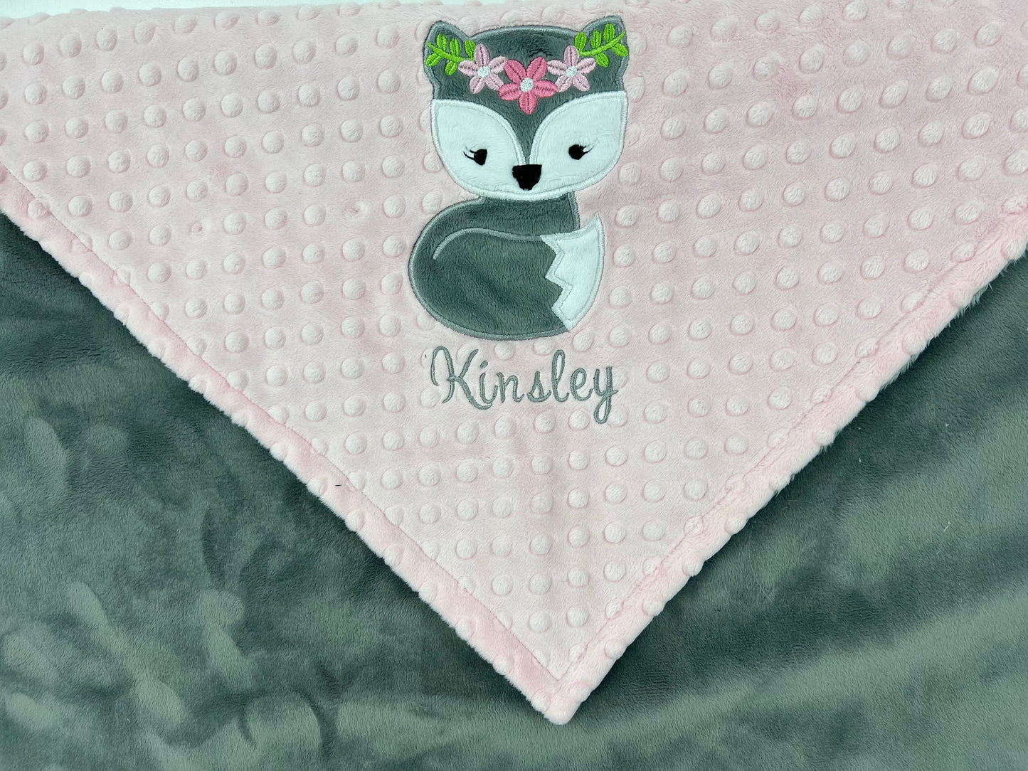 Fox Baby Blanket, Pink and Gray Minky, Embroidered Blanket, Personalized Name or Birth Stats, Baby Gift for Girls