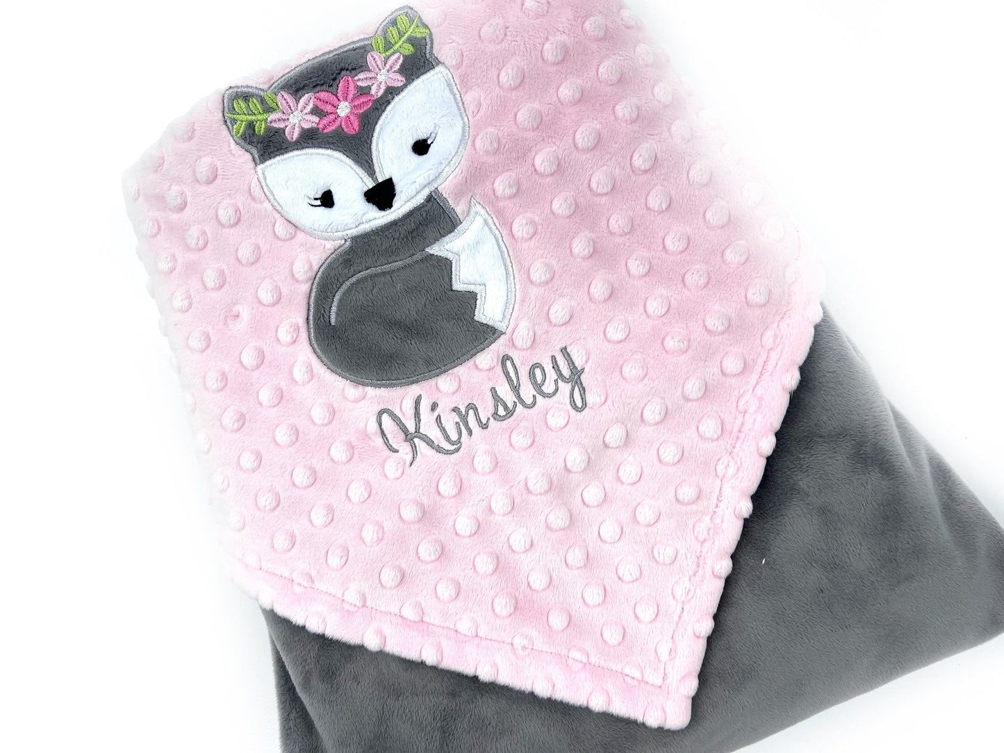 Fox Baby Blanket, Pink and Gray Minky, Embroidered Blanket, Personalized Name or Birth Stats, Baby Gift for Girls