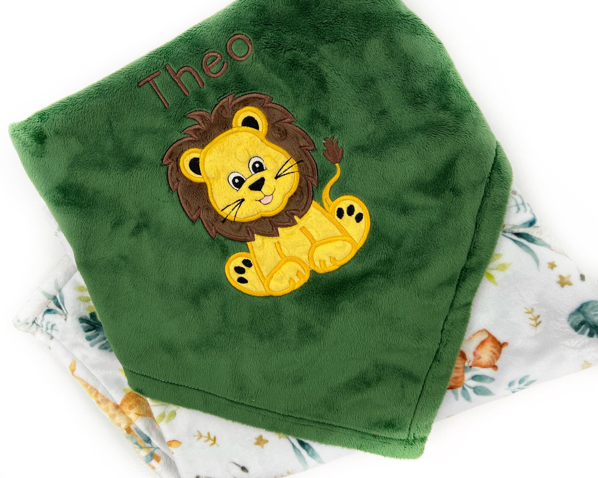 Personalized Blanket, Green Jungle Animal Print Minky, Lion Applique, Baby Lion Blanket, Plush Keepsake Gift for Baby, Gift for Boy or Girl