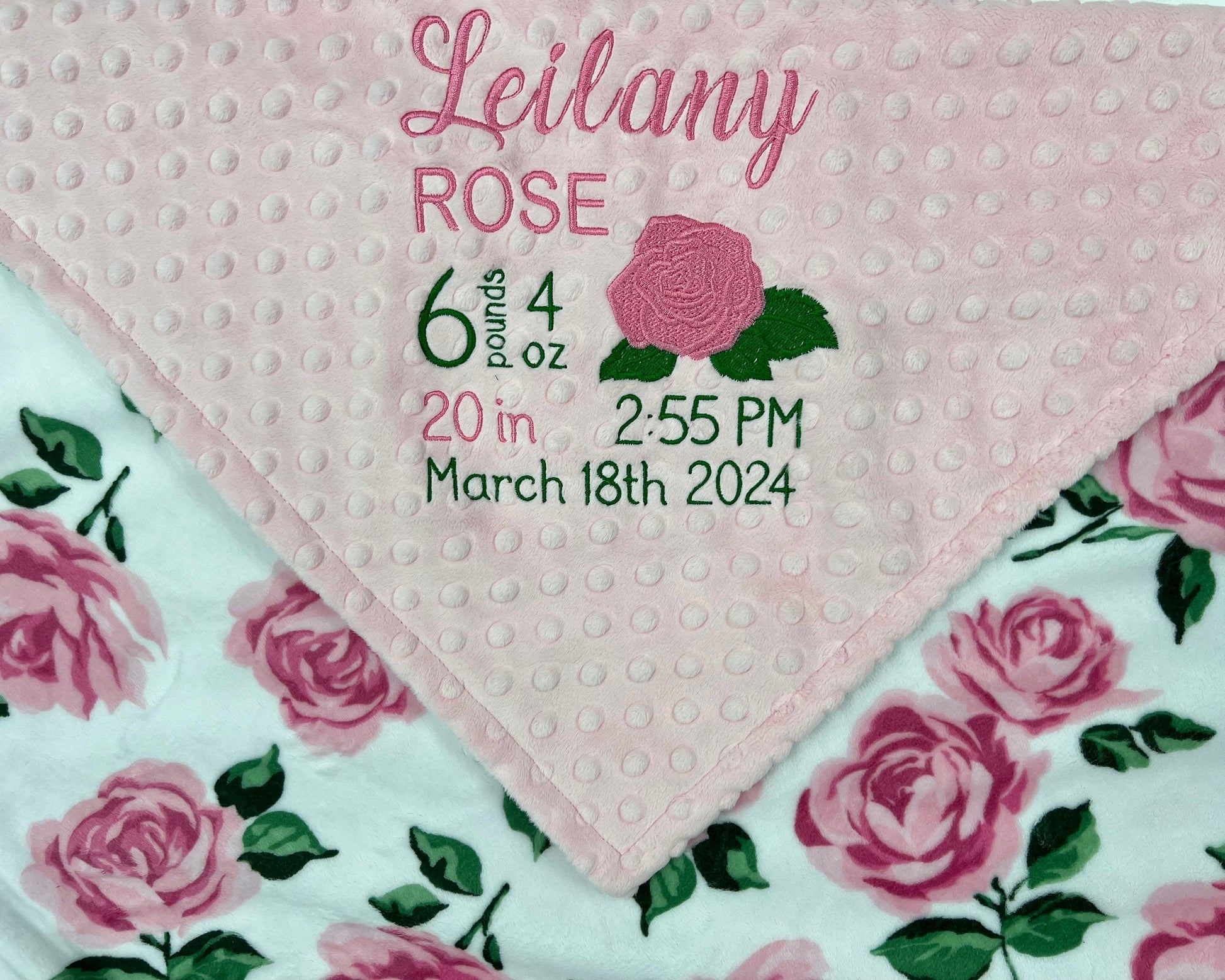 Baby Girl Blanket, Pink Roses Minky, Personalized Baby Gift, Rose Birth Stats Blanket, Keepsake Gift for Baby Girl, Embroidered Baby Blanket