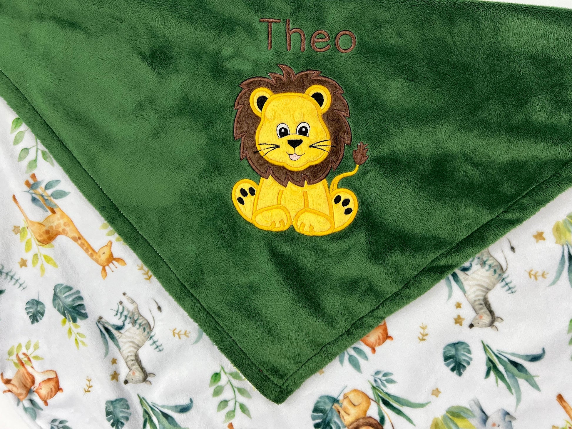 Personalized Blanket, Green Jungle Animal Print Minky, Lion Applique, Baby Lion Blanket, Plush Keepsake Gift for Baby, Gift for Boy or Girl