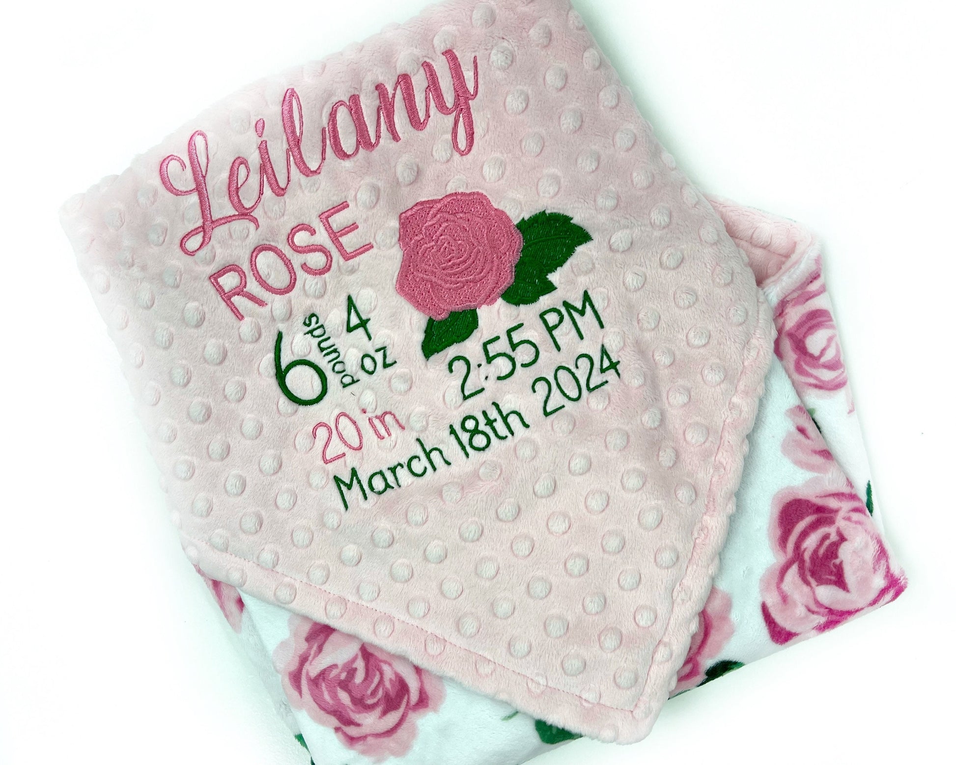 Baby Girl Blanket, Pink Roses Minky, Personalized Baby Gift, Rose Birth Stats Blanket, Keepsake Gift for Baby Girl, Embroidered Baby Blanket