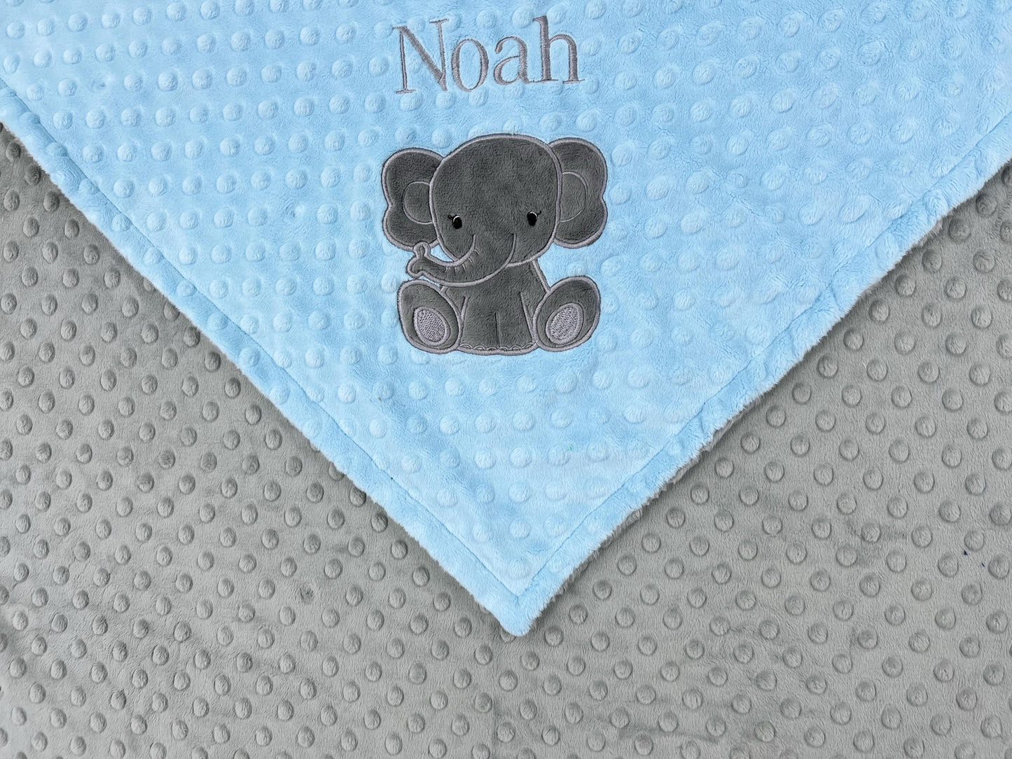 Elephant Baby Blanket, Light Blue and Gray Minky, Personalized Blue Blanket, Gift for Baby Boy, Keepsake Gift for Newborn