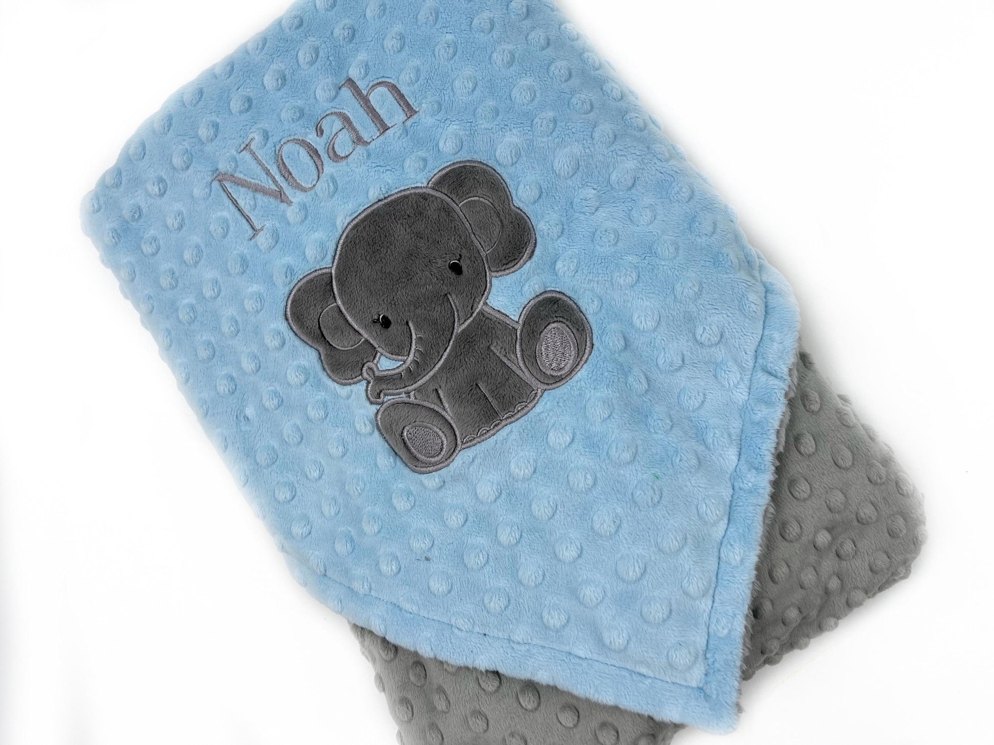 Elephant Baby Blanket, Light Blue and Gray Minky, Personalized Blue Blanket, Gift for Baby Boy, Keepsake Gift for Newborn