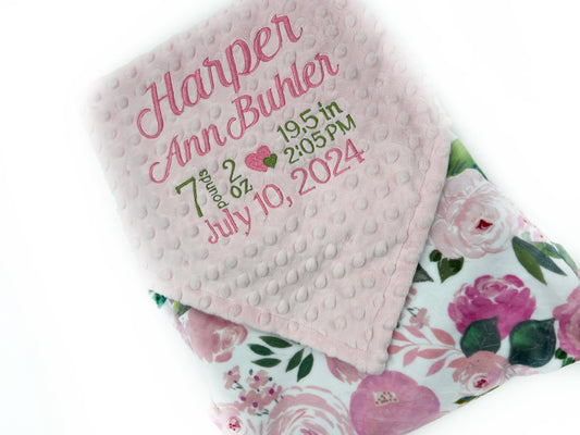 Personalized Blanket, Pink Floral Minky, Plush Newborn Gift, Baby Girl Blanket, Birth Stats Blanket, Keepsake Gift