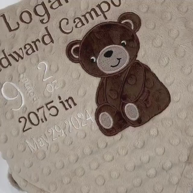 Minky Birth Stats Blanket, Brown and Tan Teddy Bear Minky, Teddy Applique, Plush Blanket, Newborn Baby Gift, Personalized Keepsake Gift