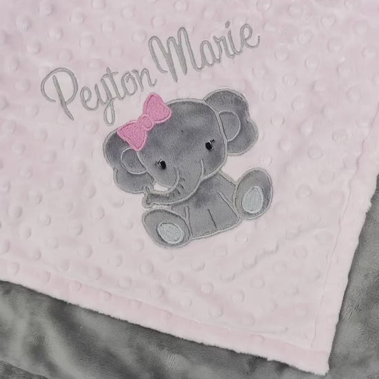 Pink Baby Blanket, Personalized Blanket, Plush Minky Blanket, Pink Gray Minky, Elephant Blanket