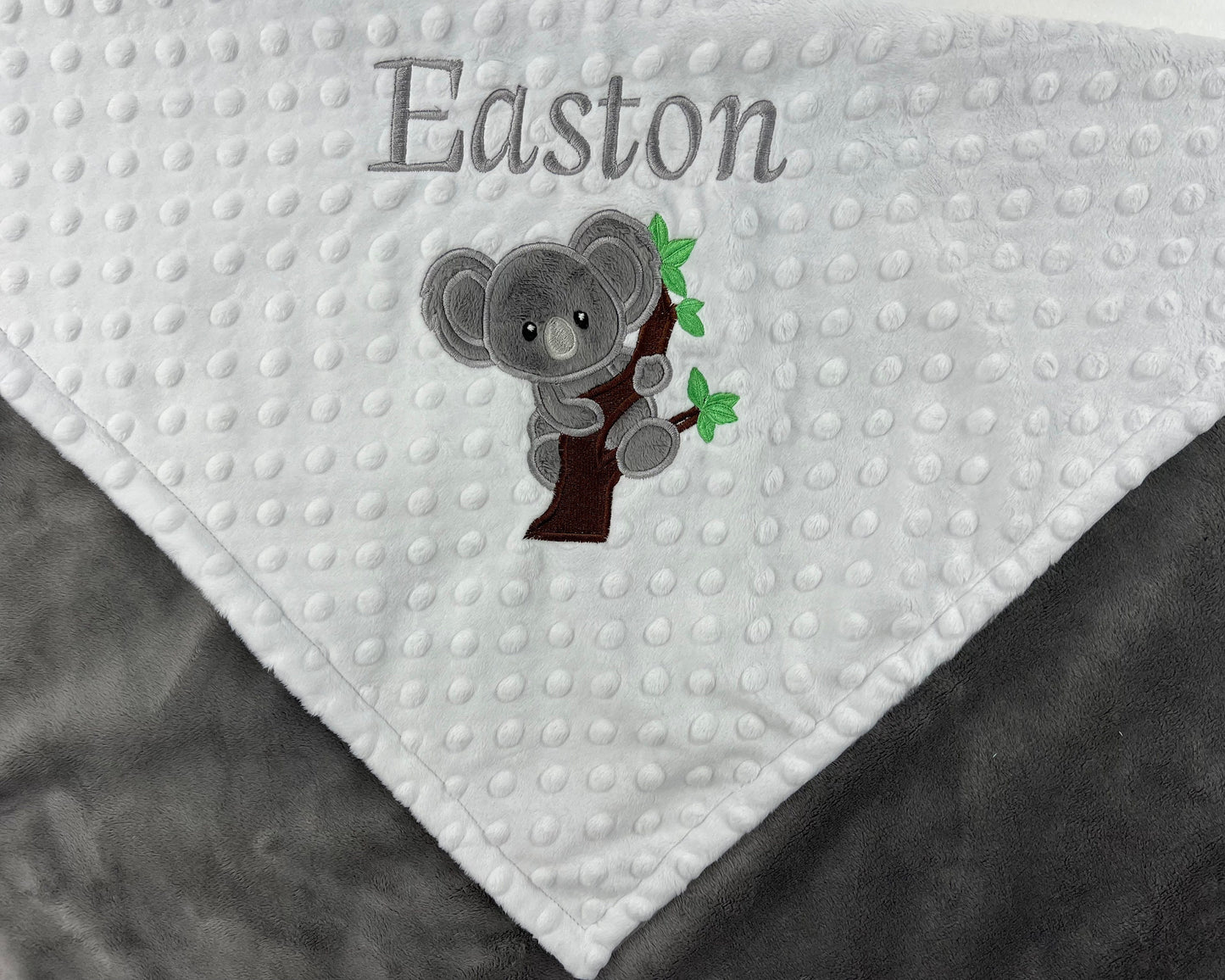 Personalized Koala Blanket, Gray and White Minky, Koala Bear Applique, Custom Minky Blanket, Baby Shower Gift, Plush Keepsake Gift for Baby